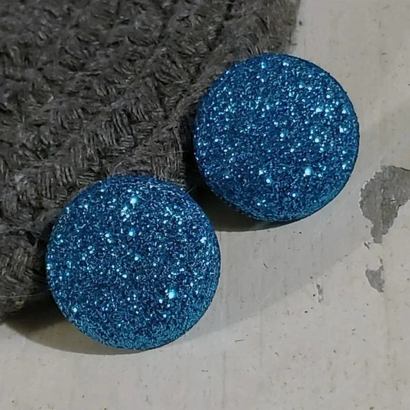 Retro 80s Club Glam Disco Sparkly Turquoise Blue Fabric Button Earrings - Picture 1 of 10